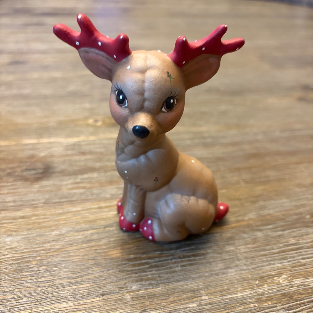 Vintage Hand-Painted Christmas Reindeer Figurine Red Antlers Polka Dot 4"